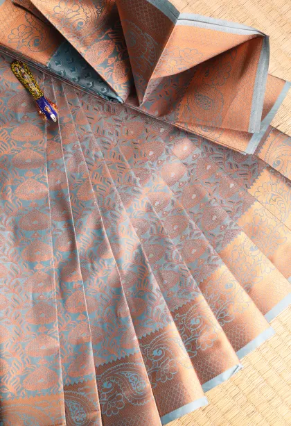 Sky Blue Visiri Madippu Silk Sarees with Copper Zari Floral Patterns