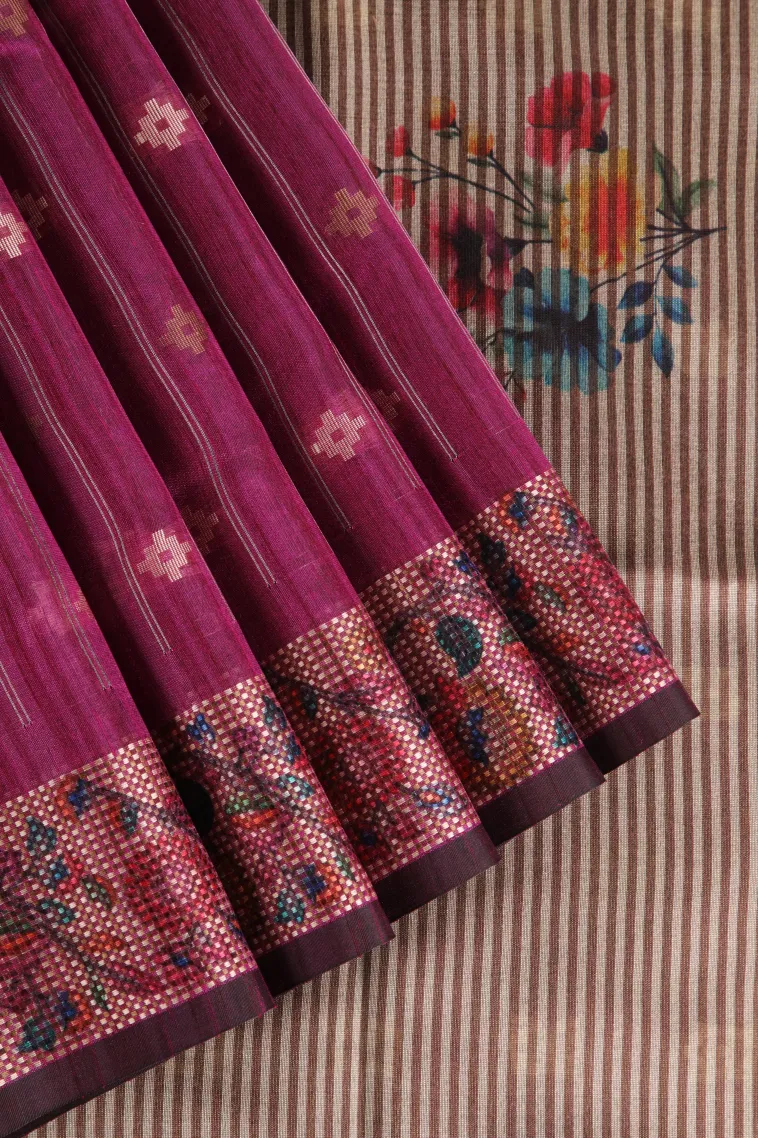 Magenta Purple Raw Silk Sarees with Gold And Silver Zari Straipes And Puttas view 1