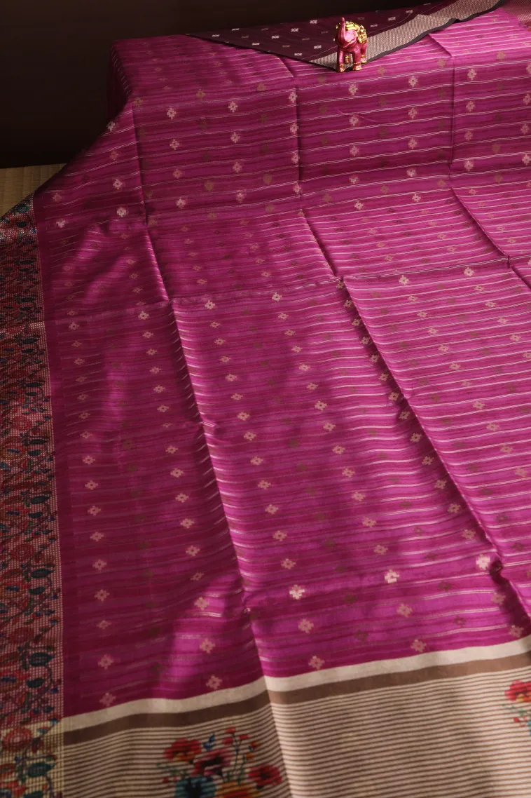 Magenta Purple Raw Silk Sarees with Gold And Silver Zari Straipes And Puttas view 2