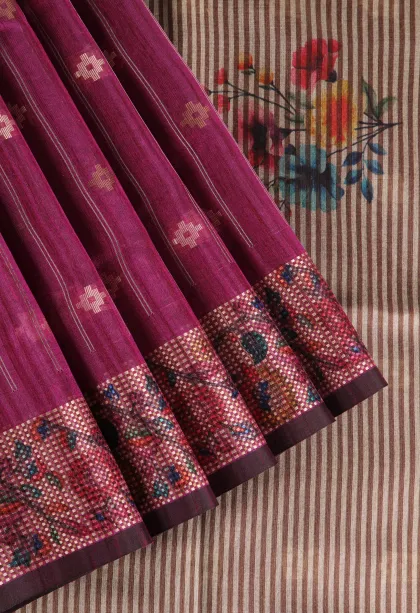Magenta Purple Raw Silk Sarees with Gold And Silver Zari Straipes And Puttas