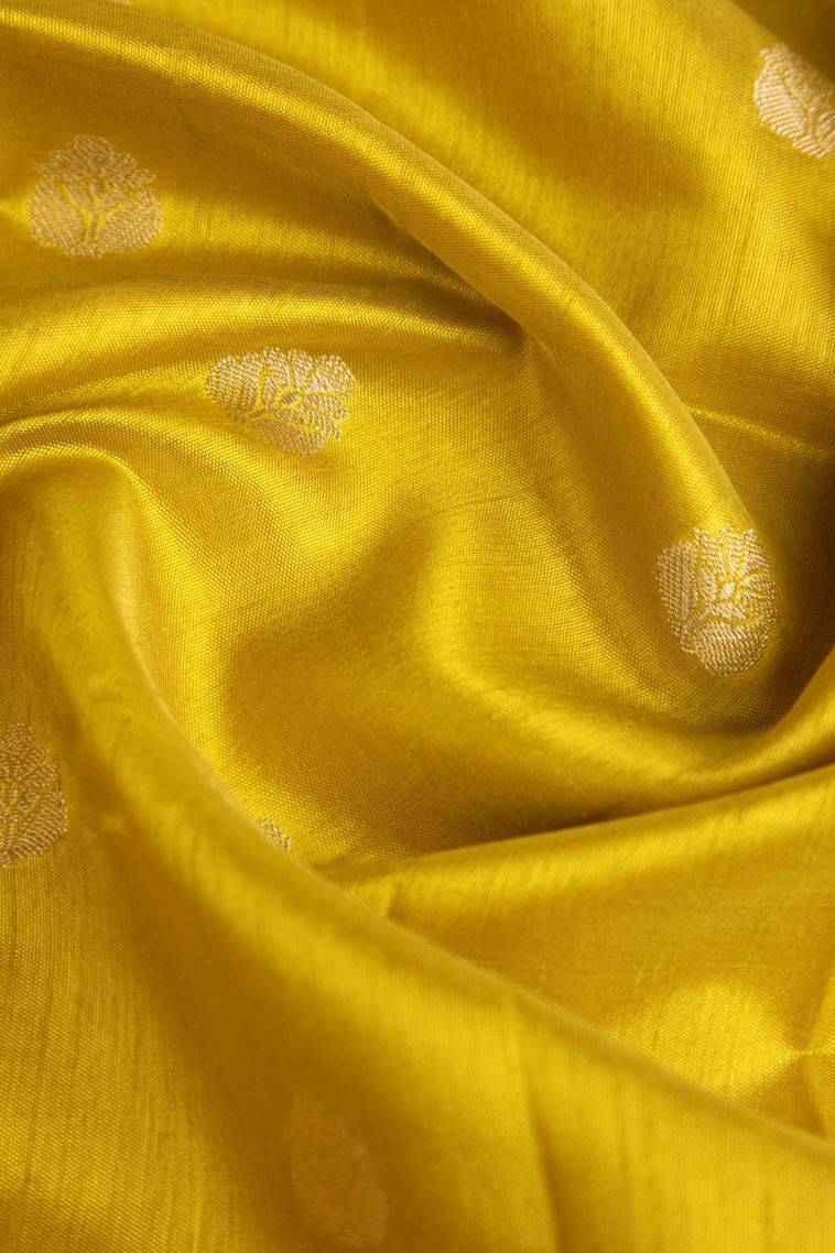 Briht Yellow Raw Silk Sarees Gold Zari with Floral Puttas view 4