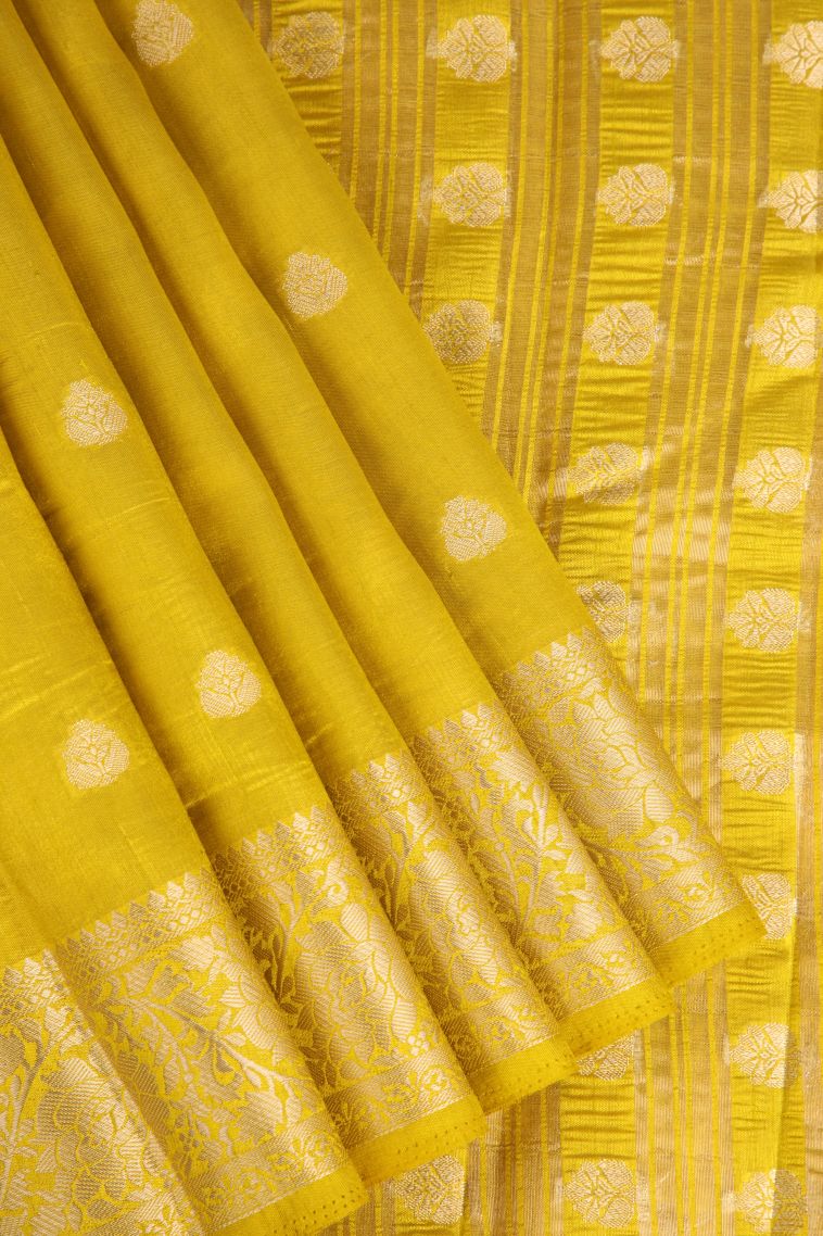 Briht Yellow Raw Silk Sarees Gold Zari with Floral Puttas view 1