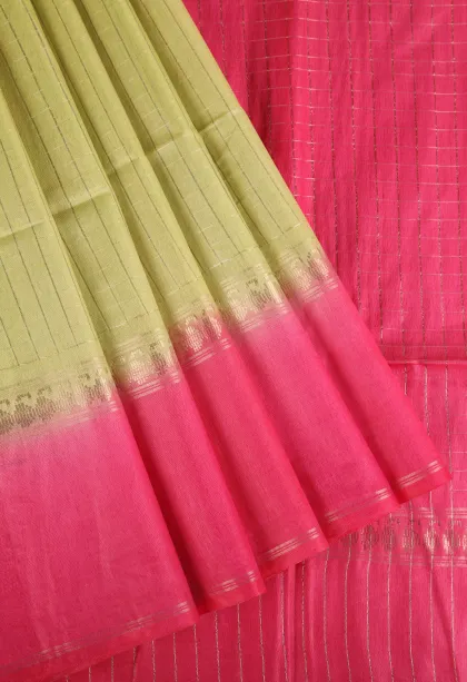 Olive Green Tussar Saree with Gold Zari Checks
