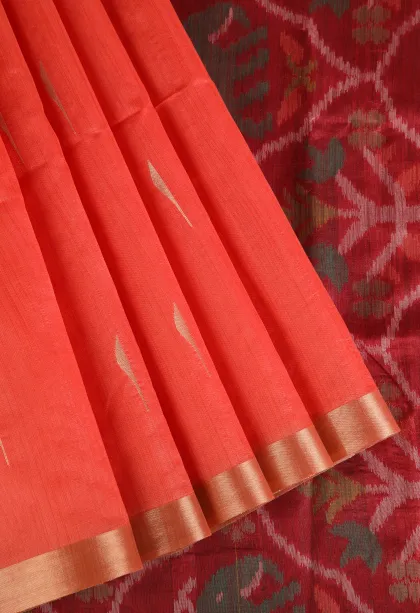 Rose Red Silk Cotton Sarees with Gold Zari Buttis (small Dots Or Motifs)