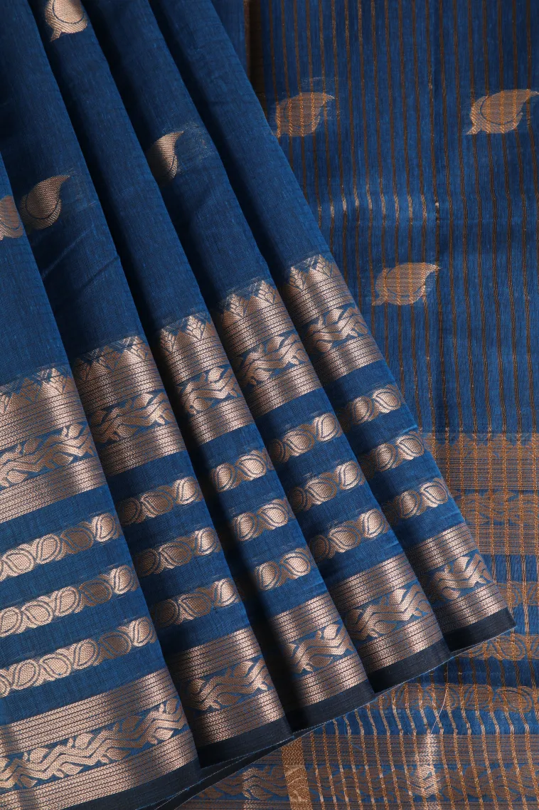 Azure Blue Raw Silk Sarees with Gold Zari Mango Puttas