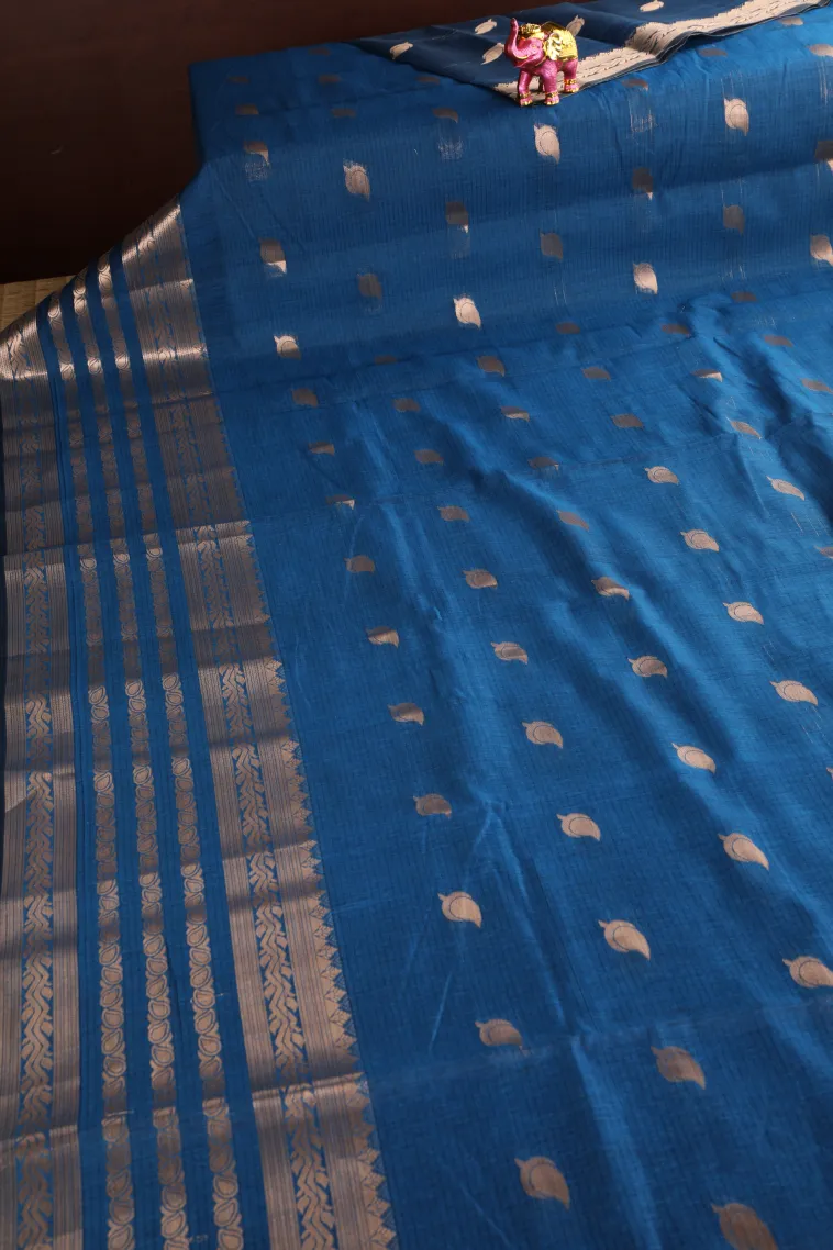 Azure Blue Raw Silk Sarees with Gold Zari Mango Puttas view 2