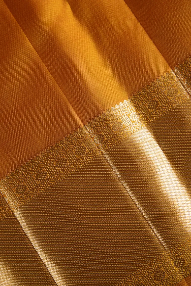 Gold Kanchipuram Silk Sarees with Gold Zari Floral Patterns view 3