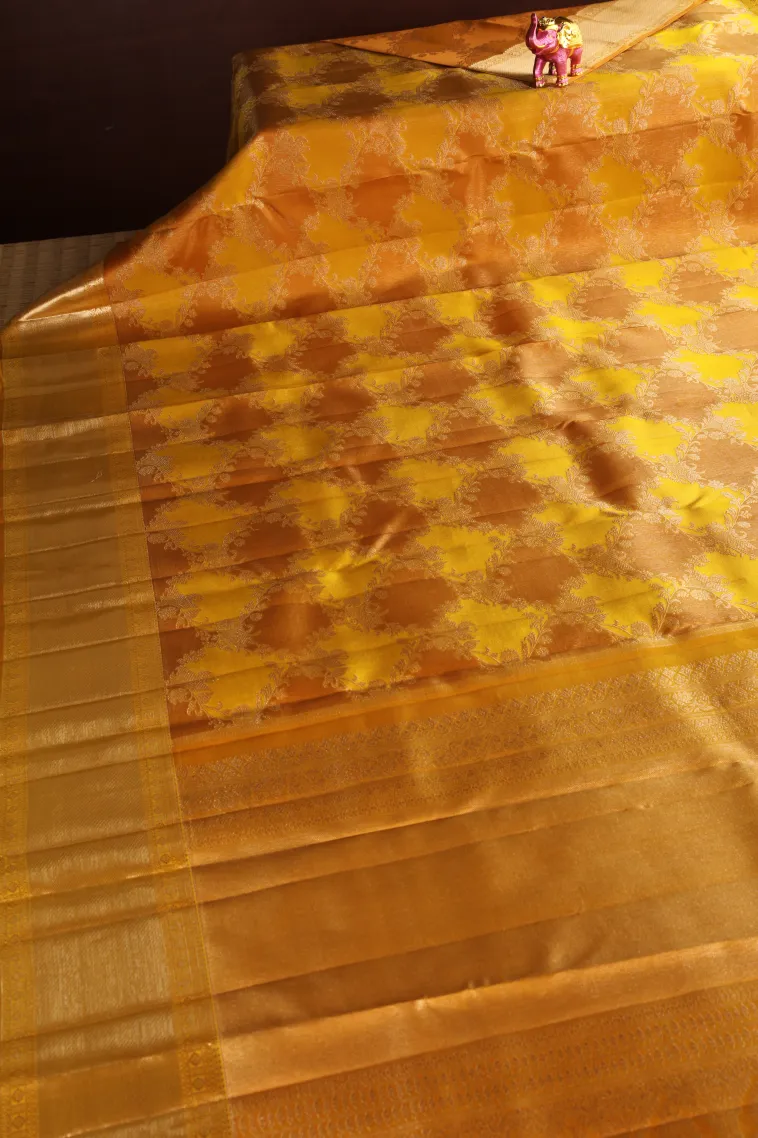 Gold Kanchipuram Silk Sarees with Gold Zari Floral Patterns view 2
