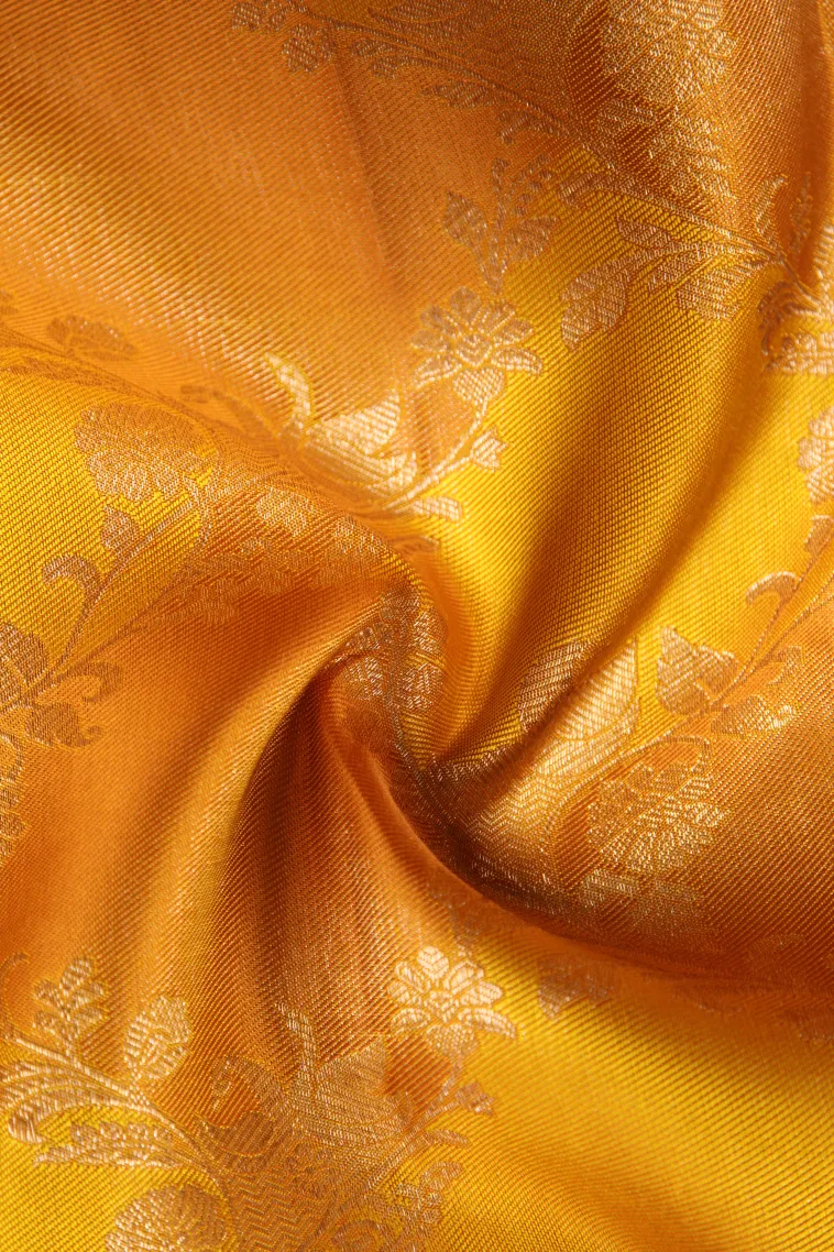 Gold Kanchipuram Silk Sarees with Gold Zari Floral Patterns view 4