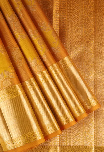 Gold Kanchipuram Silk Sarees with Gold Zari Floral Patterns