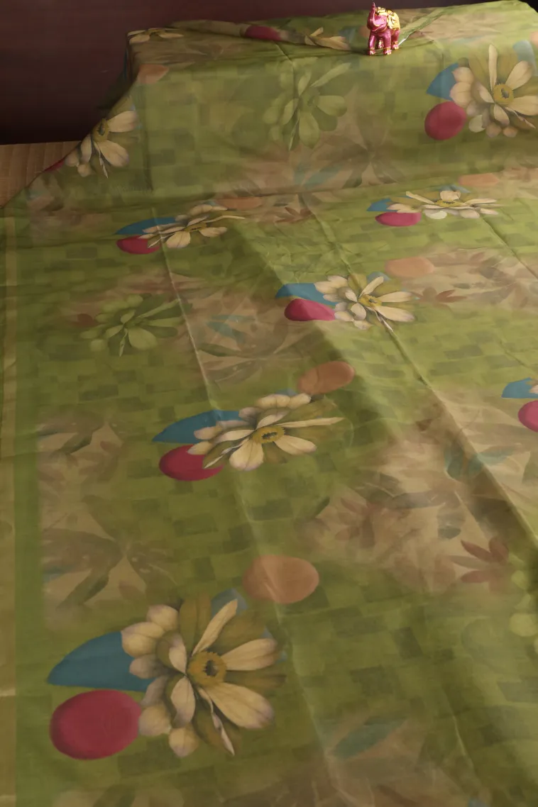 Olive Green Semi Tussar Silk Without Zari With Flower Mottif view 2
