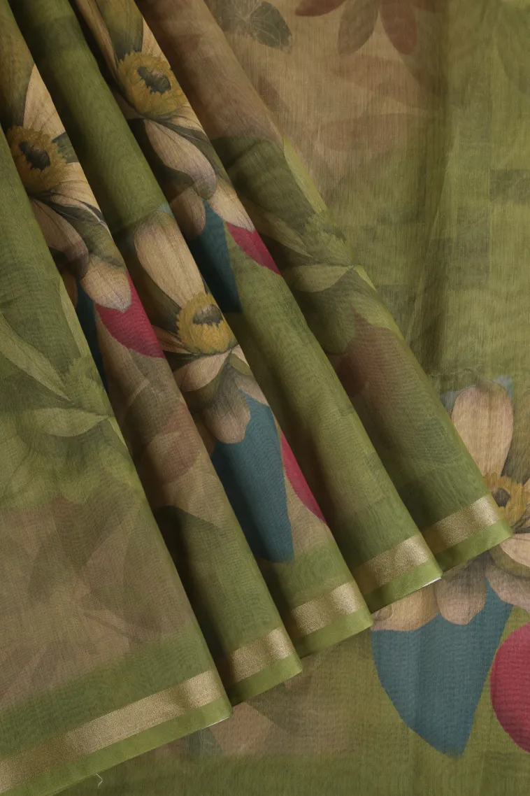 Olive Green Semi Tussar Silk Without Zari With Flower Mottif