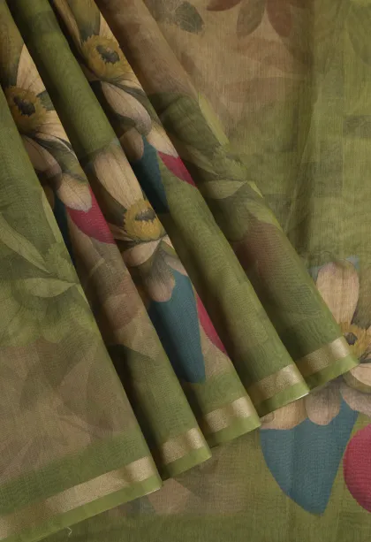 Olive Green Semi Tussar Silk Without Zari With Flower Mottif