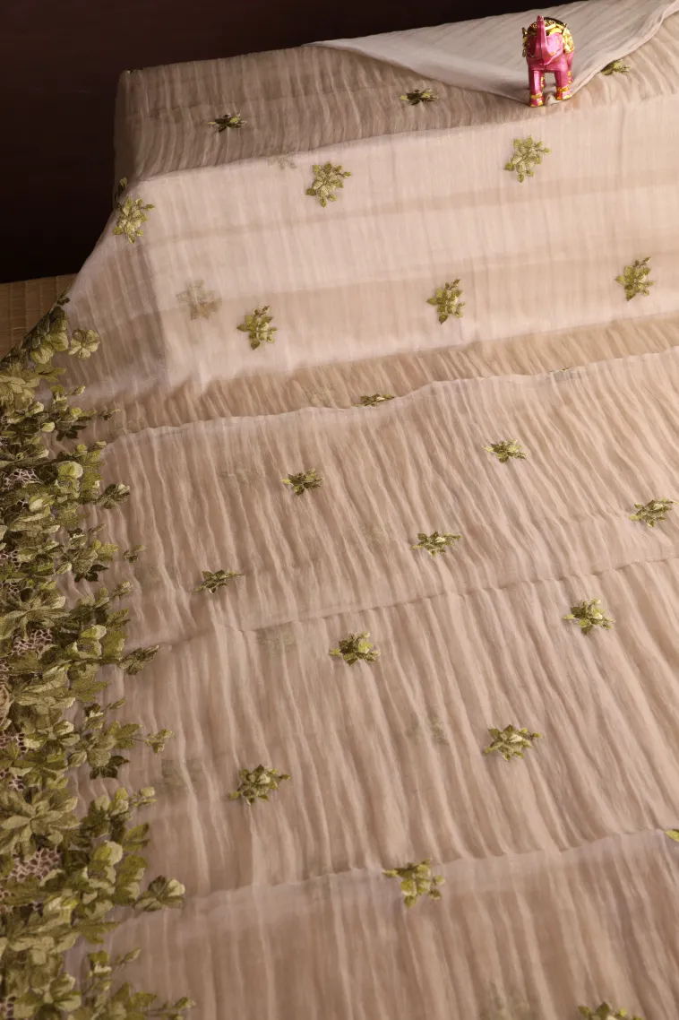 Salt White Organza Saree Without Zari With Floral Puttas view 2