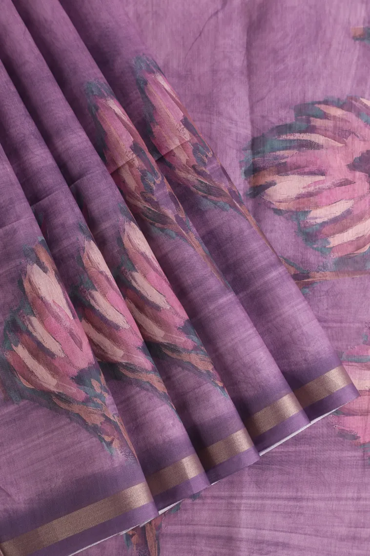 Iris Purple Semi Tussar Silk Without Zari With Leaf Pattern