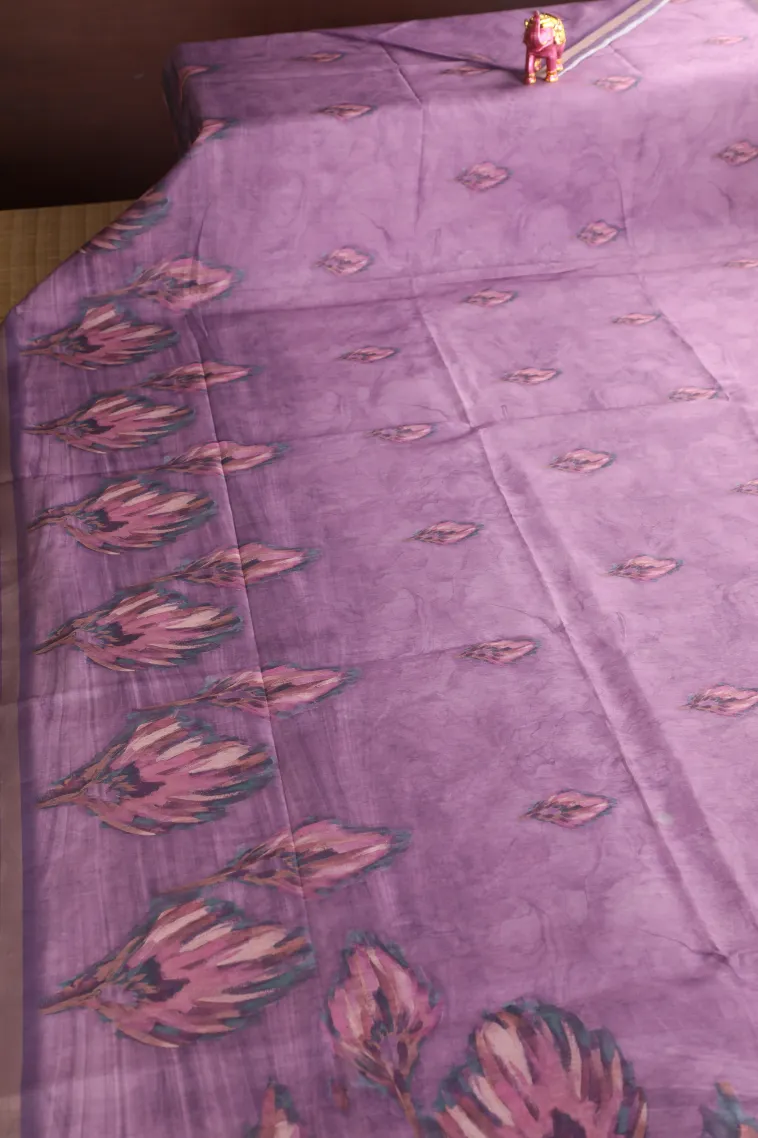 Iris Purple Semi Tussar Silk Without Zari With Leaf Pattern view 2