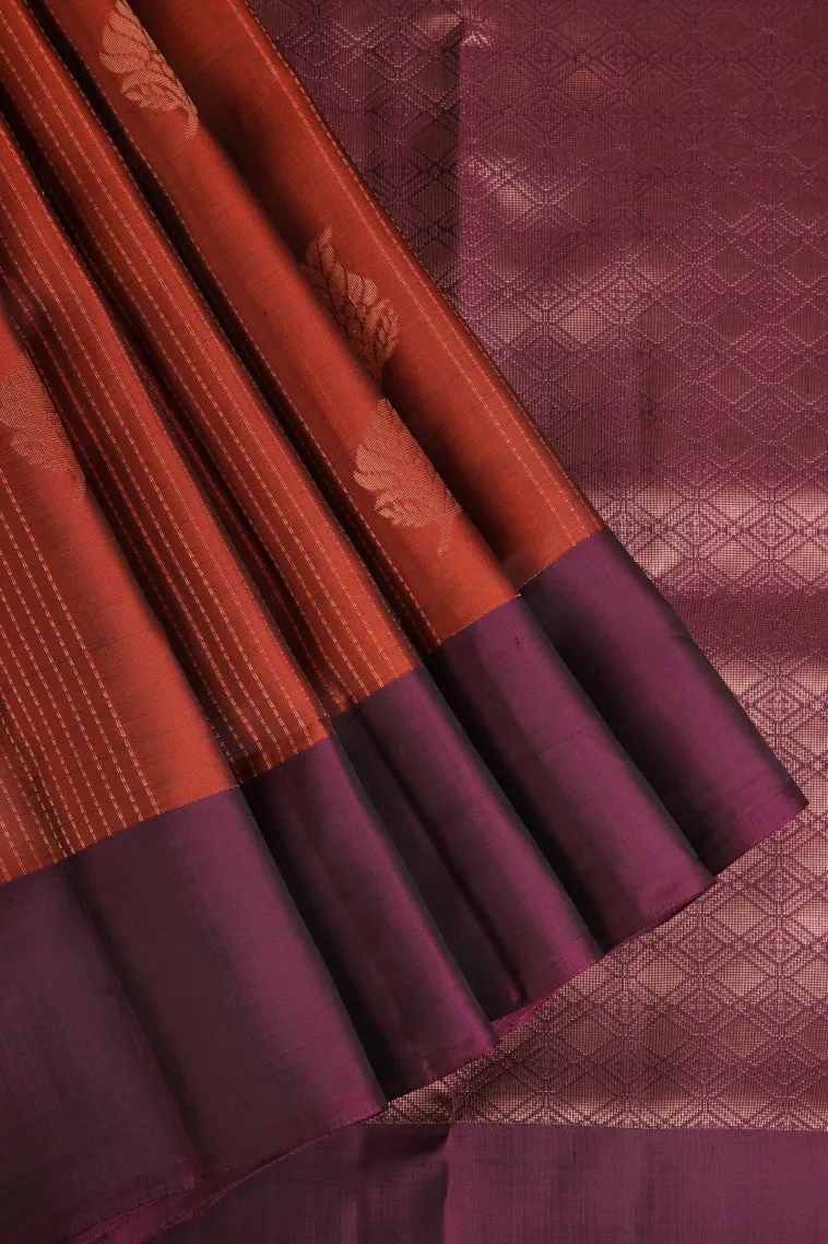 Tawny Brown Soft Silk Saree with Copper Zari Straipes And Puttas