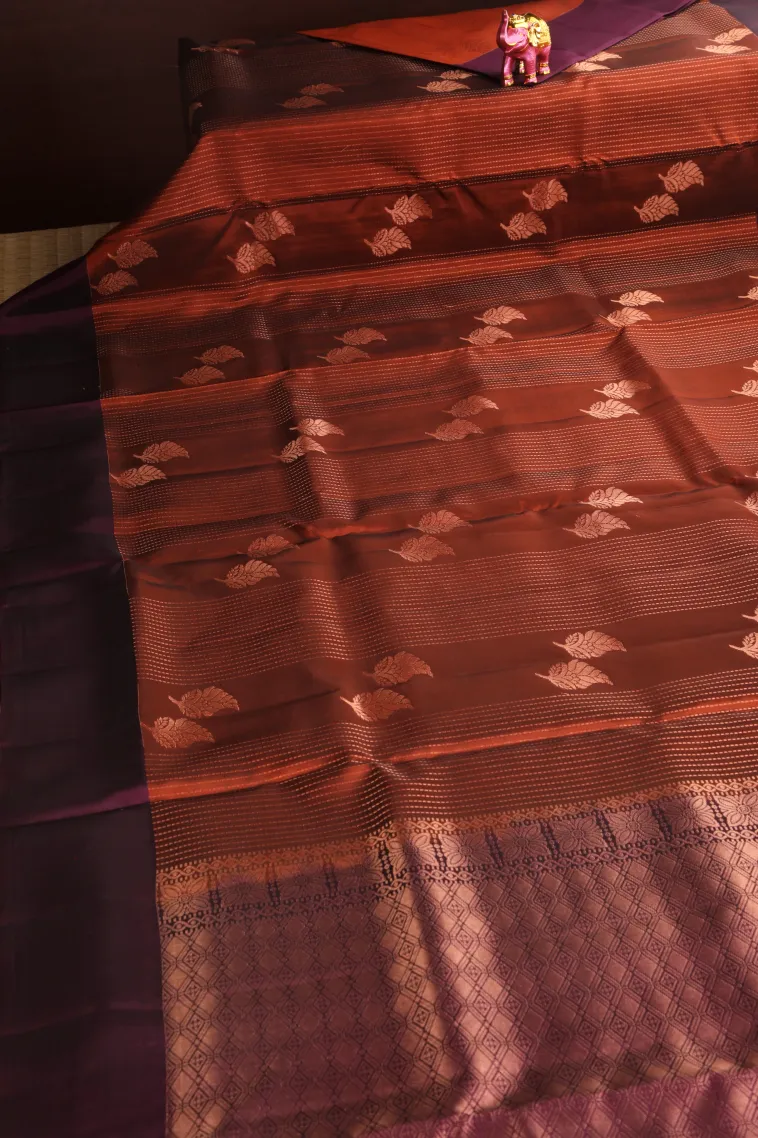Tawny Brown Soft Silk Saree with Copper Zari Straipes And Puttas view 2