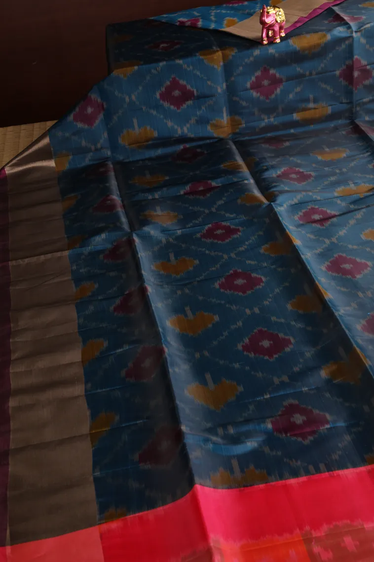 Aegean Blue Pochampalli Saree Without Zari With Floral Patterns view 2