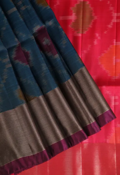 Aegean Blue Pochampalli Saree Without Zari With Floral Patterns