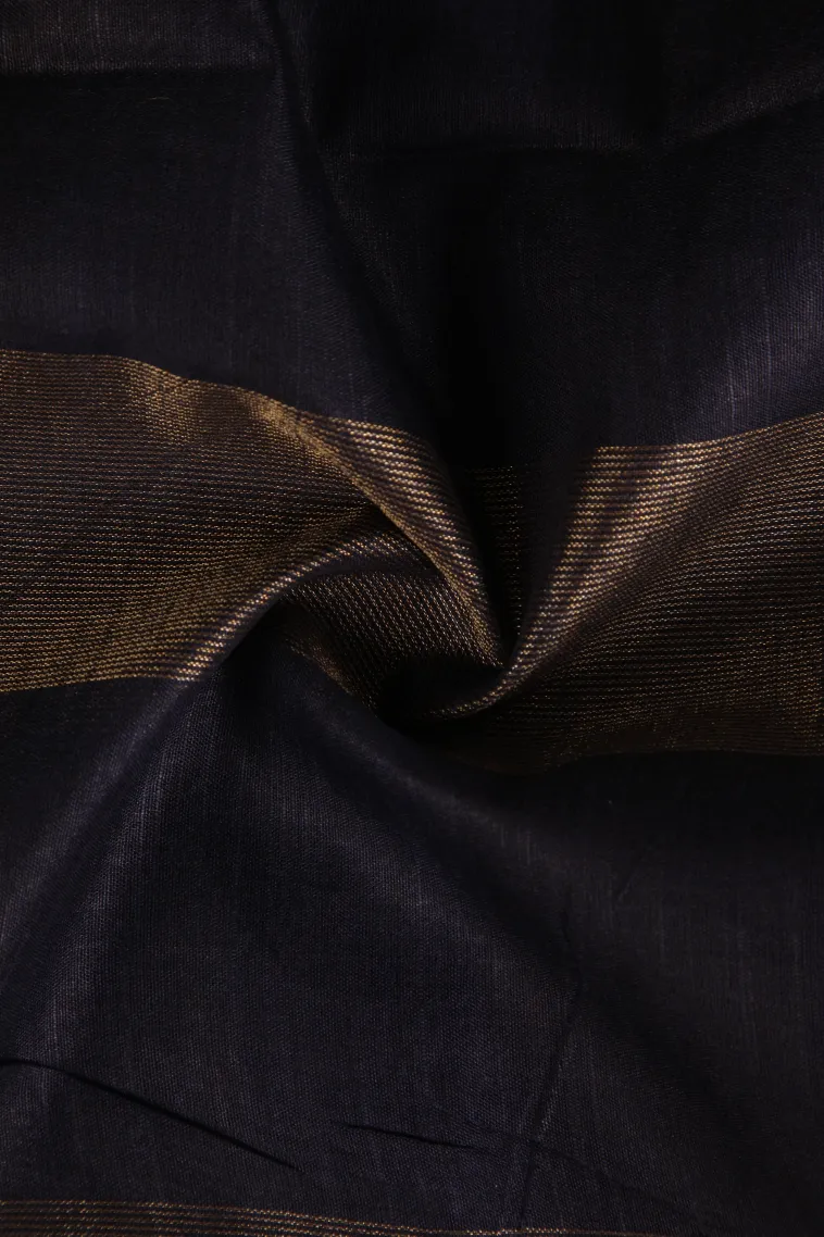 Denim Blue Semi Tussar Silk with Gold Zari Stripes view 4
