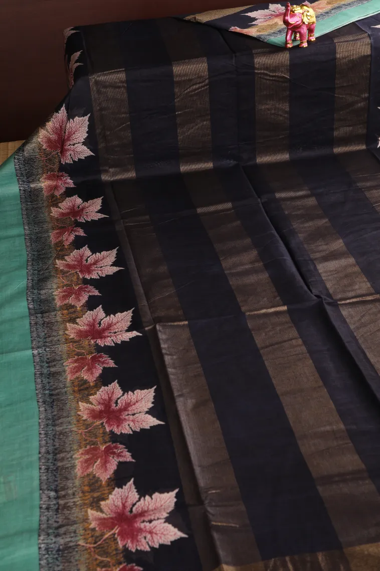 Denim Blue Semi Tussar Silk with Gold Zari Stripes view 2