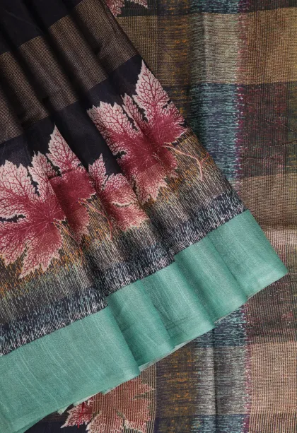 Denim Blue Semi Tussar Silk with Gold Zari Stripes