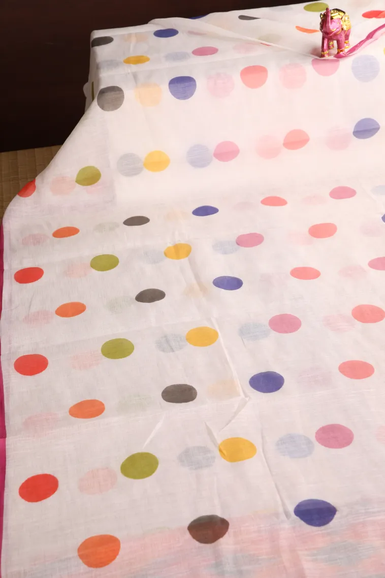 Cotton White Linen Saree Without Zari With Geometric Shapes view 2