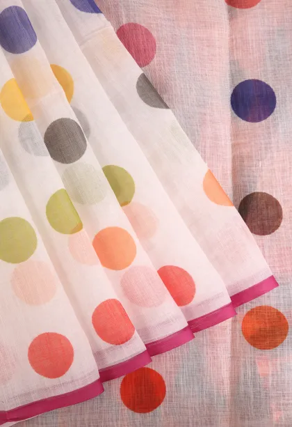 Cotton White Linen Saree Without Zari With Geometric Shapes