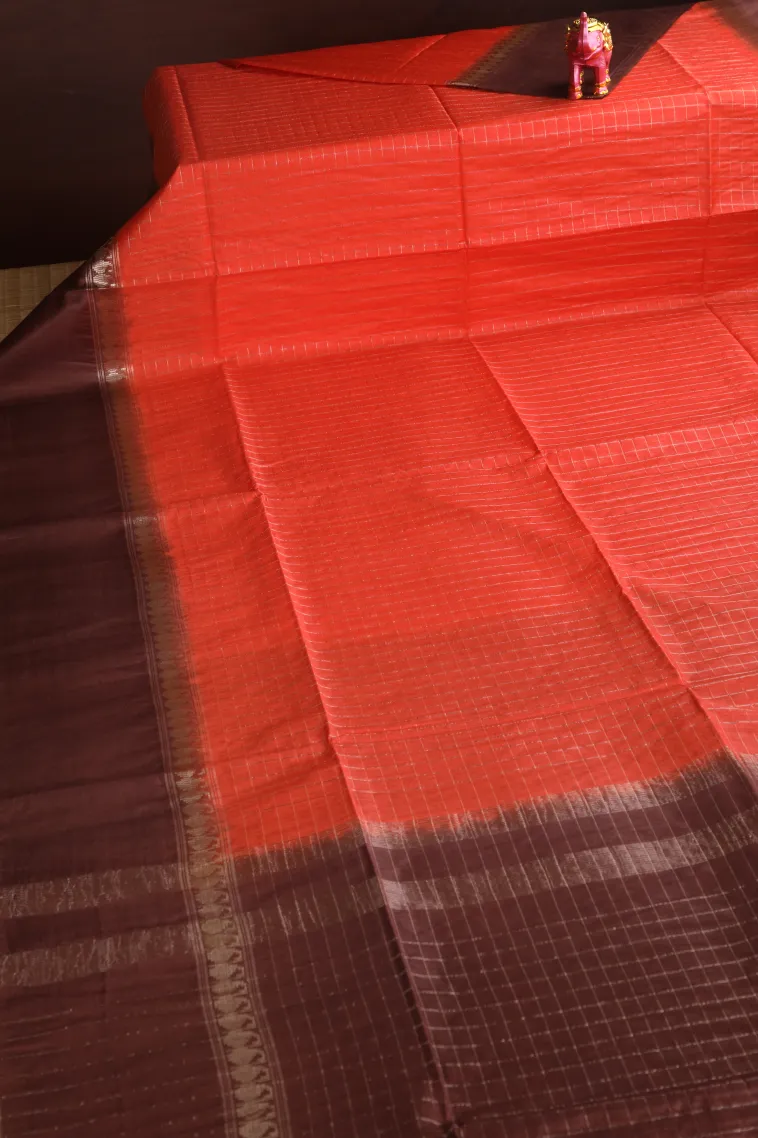 Rose Red Tussar Saree with Gold Zari Checks view 2
