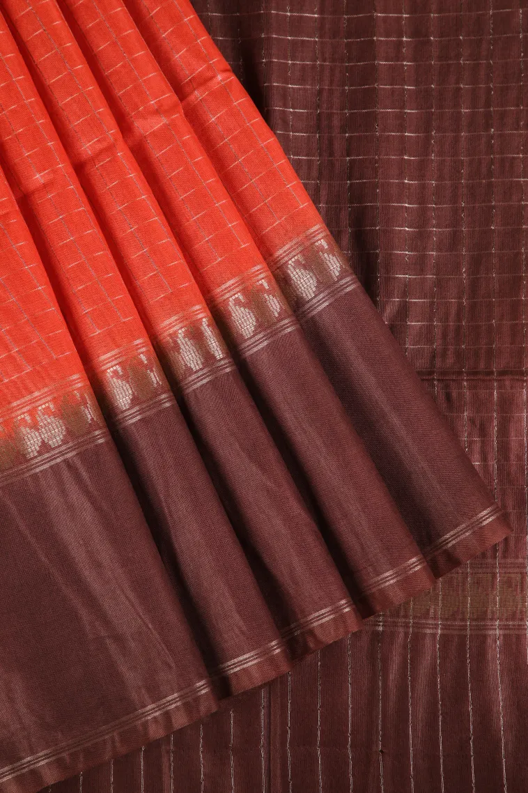 Rose Red Tussar Saree with Gold Zari Checks