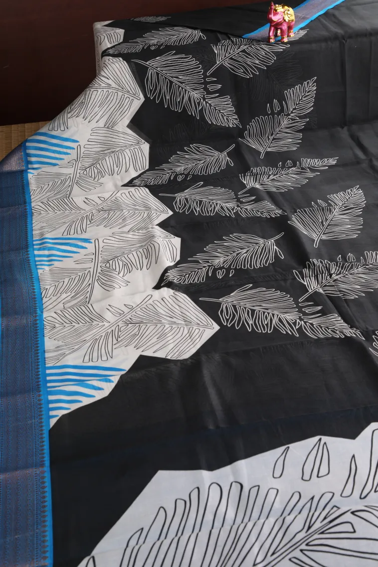 Rock Black Chanderi Cotton Sarees with Copper Zari Leaf Pattern view 2
