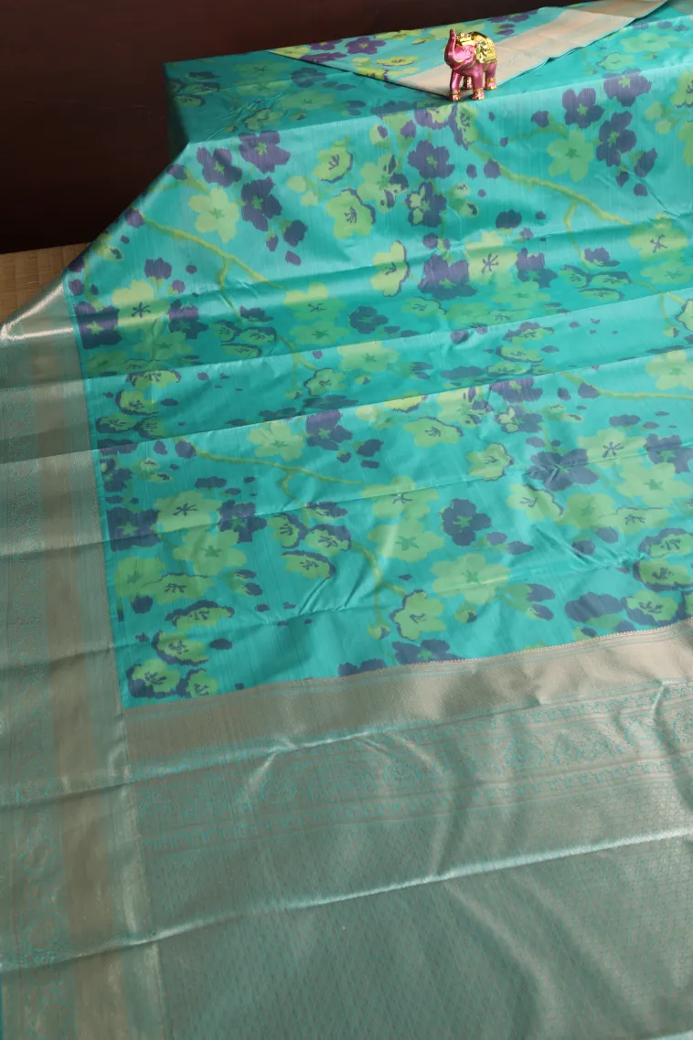 Sapphire Blue Soft Silk Sarees with Bronze Zari Floral Patterns view 2