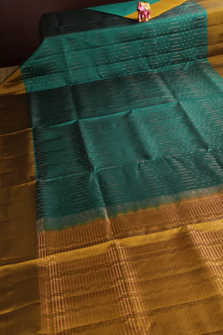 Teal Blue Soft Silk Saree with Copper Zari Stripes view 2