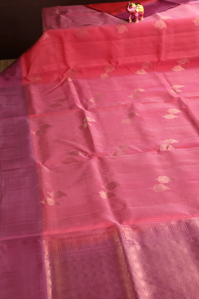 Rouge Pink Soft Silk Saree with Copper Zari Straipes And Puttas view 2
