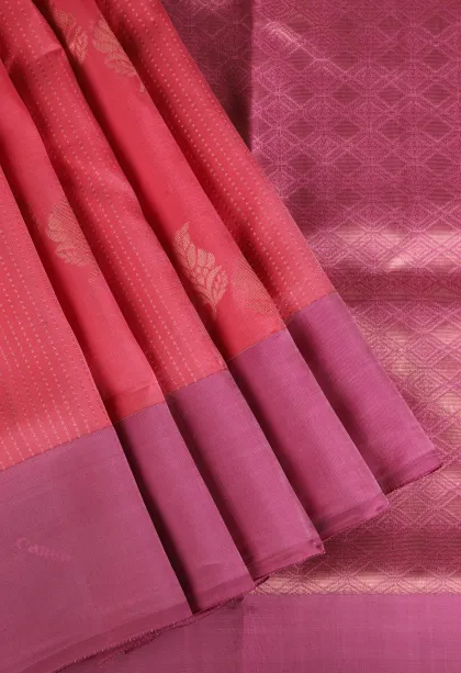 Rouge Pink Soft Silk Saree with Copper Zari Straipes And Puttas