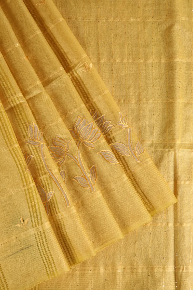 Lemon Yellow Semi Tussar Silk with Thread Zari Checks And Puttas