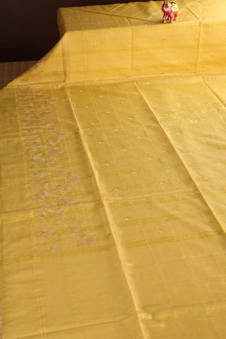 Lemon Yellow Semi Tussar Silk with Thread Zari Checks And Puttas view 2