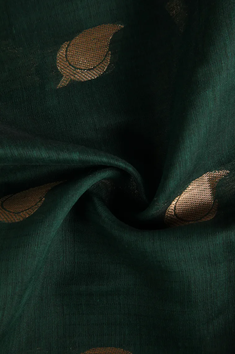 Bottle Green Raw Silk Sarees with Gold Zari Mango Puttas view 4