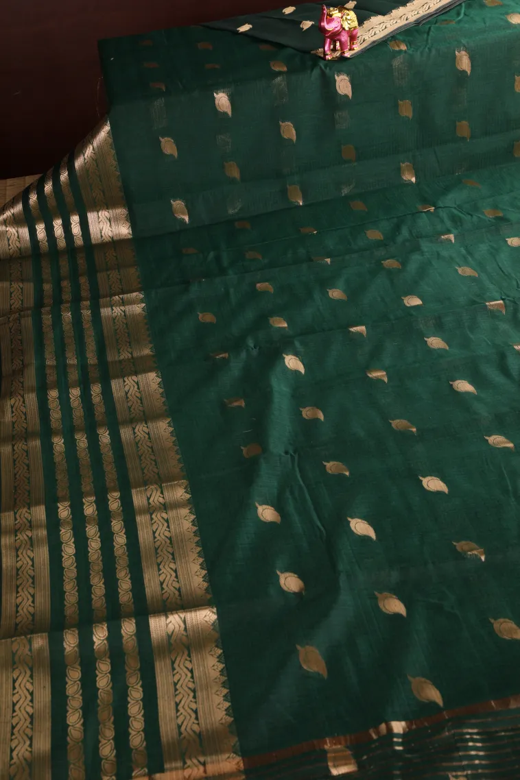 Bottle Green Raw Silk Sarees with Gold Zari Mango Puttas view 2