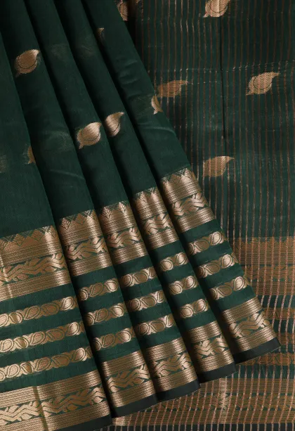 Bottle Green Raw Silk Sarees with Gold Zari Mango Puttas