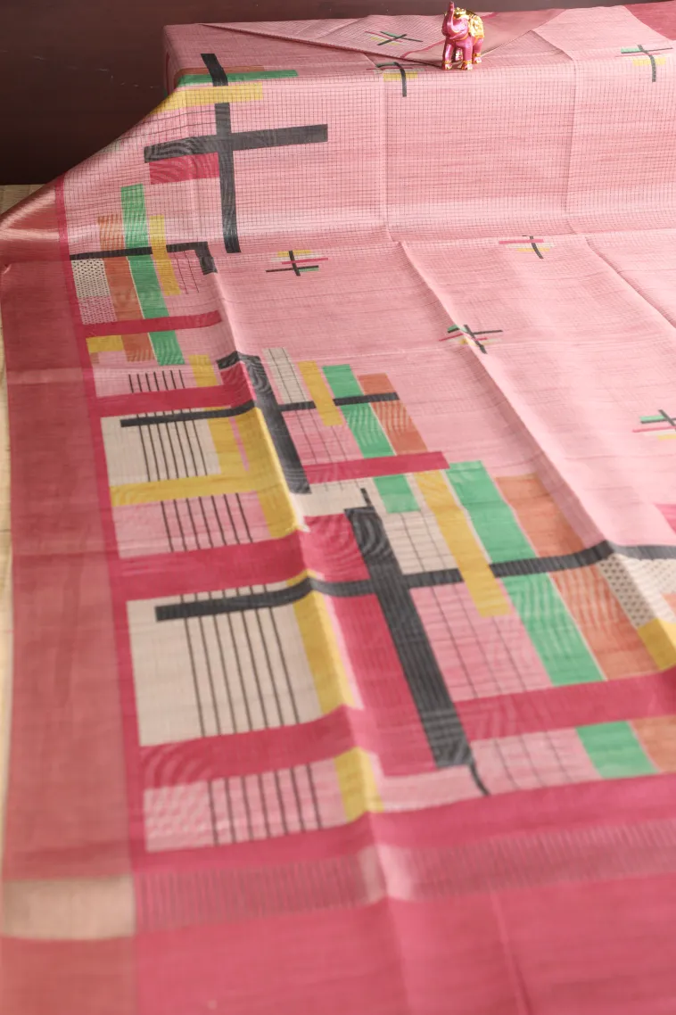 Crepe Pink Jute Sarees with Antic Zari Jamandery Pattern view 2
