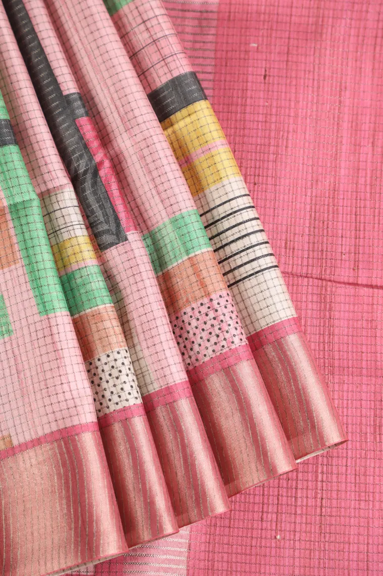 Crepe Pink Jute Sarees with Antic Zari Jamandery Pattern