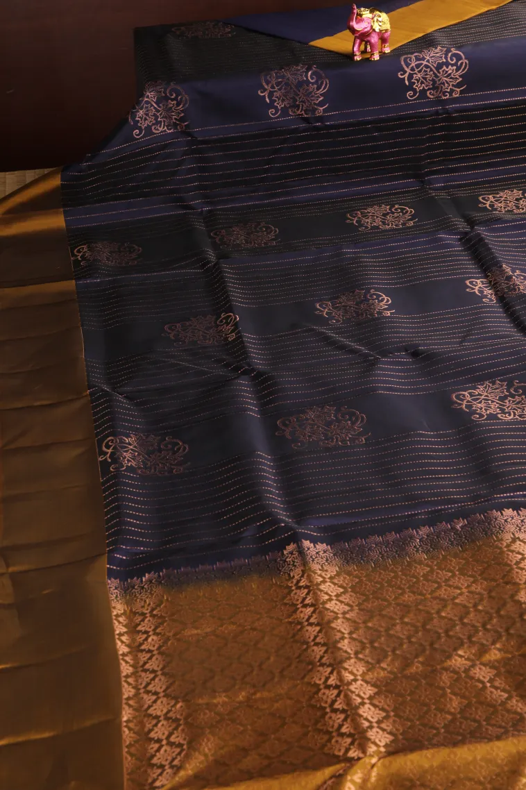 Indigo Blue Soft Silk Saree with Copper Zari Straipes And Puttas view 2
