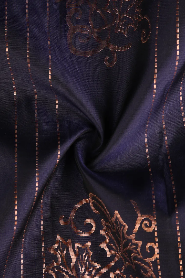 Indigo Blue Soft Silk Saree with Copper Zari Straipes And Puttas view 4