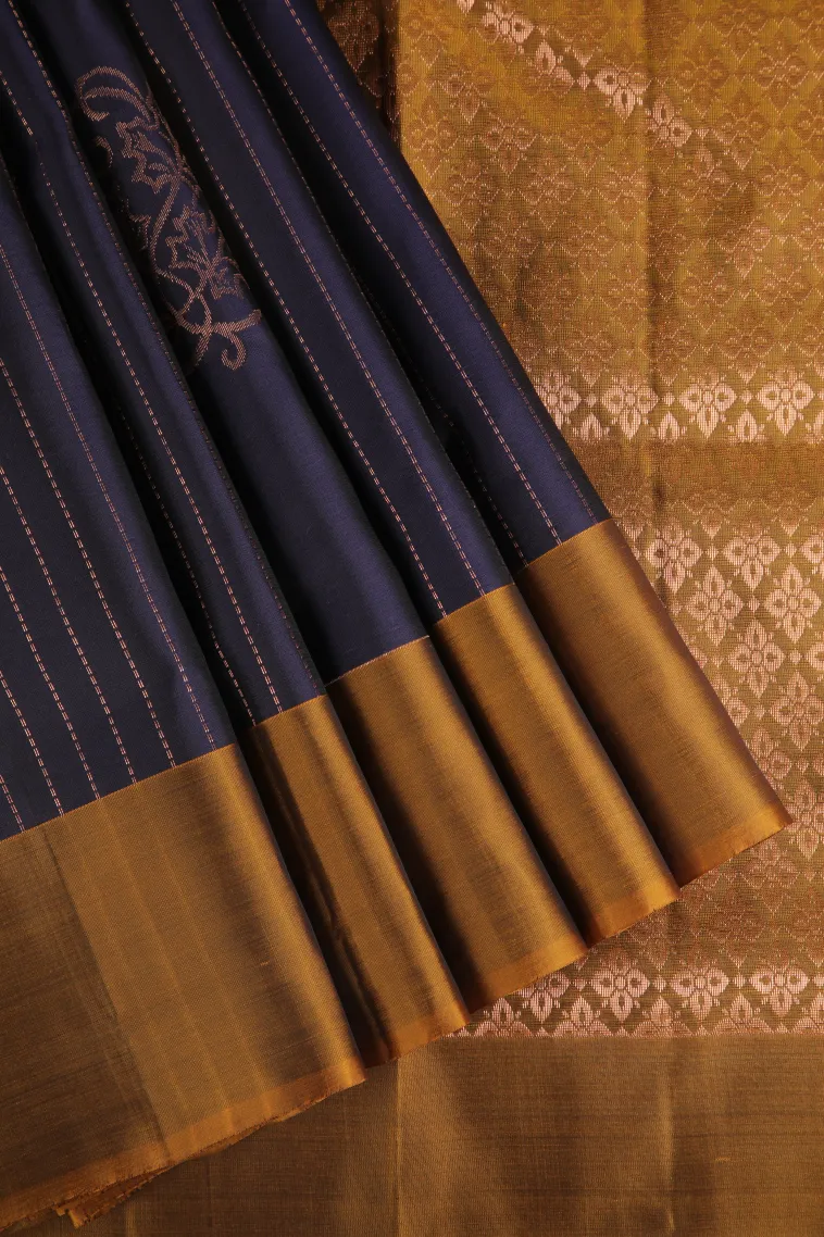 Indigo Blue Soft Silk Saree with Copper Zari Straipes And Puttas view 1