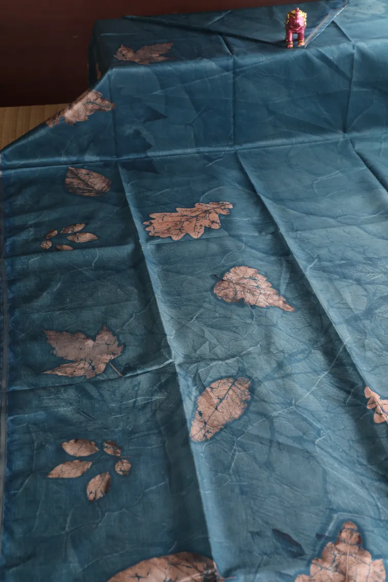 Aegean Blue Semi Tussar Silk Without Zari With Leaf Pattern view 2