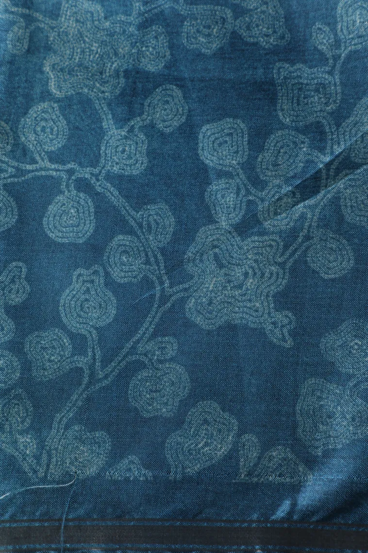 Aegean Blue Semi Tussar Silk Without Zari With Leaf Pattern view 3