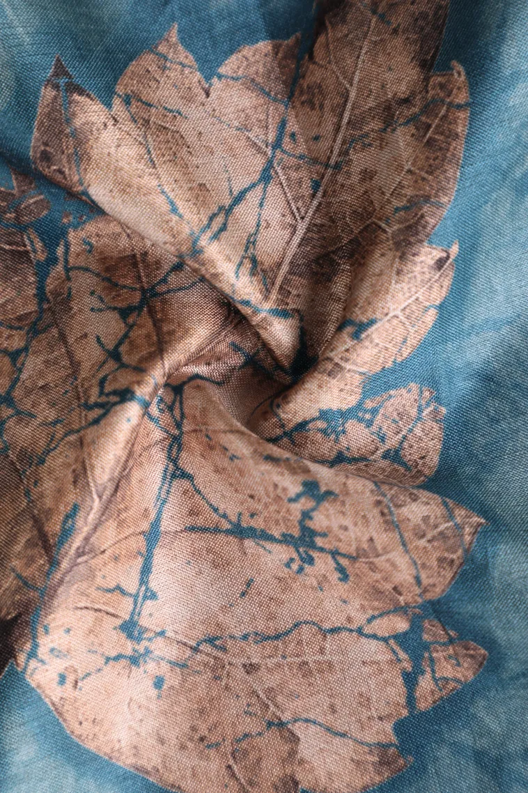 Aegean Blue Semi Tussar Silk Without Zari With Leaf Pattern view 4