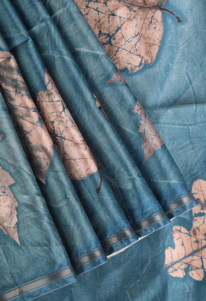 Aegean Blue Semi Tussar Silk Without Zari With Leaf Pattern